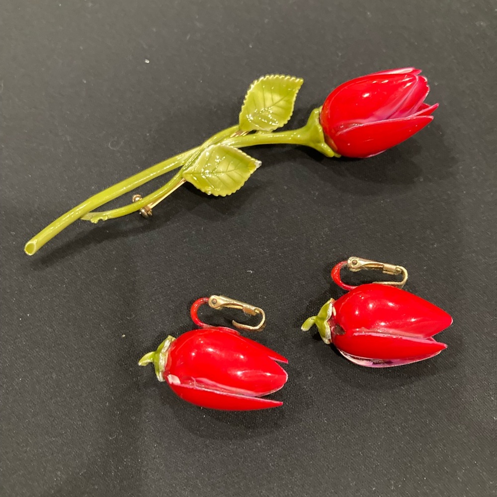 Vintage red tulip brooch and clip back earrings.